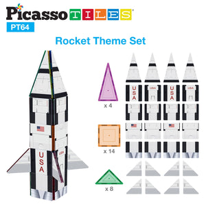 PicassoTiles - 64pc Rocket, Train and School Bus Magnetic Tileset