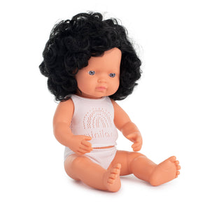 Miniland - Baby Doll Caucasian Curly Black Haired Girl 15" (box)